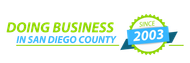 Doing Business in San Diego County logo with green and blue “Since 2003” badge