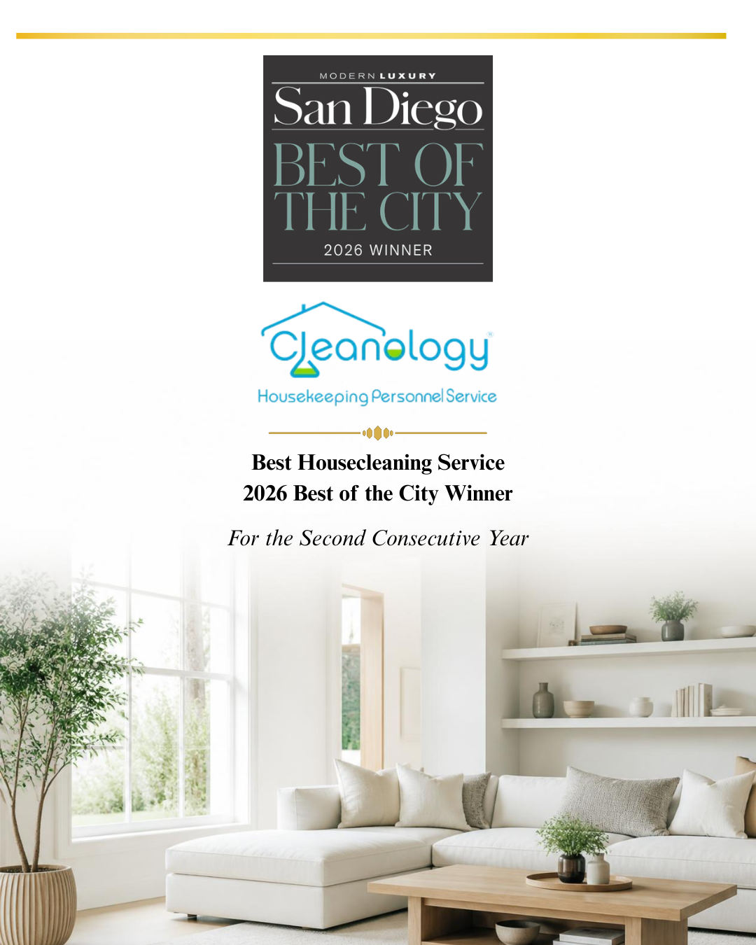 Cleanology ad with “Best Housecleaning Service 2024” over a bright white living room interior.