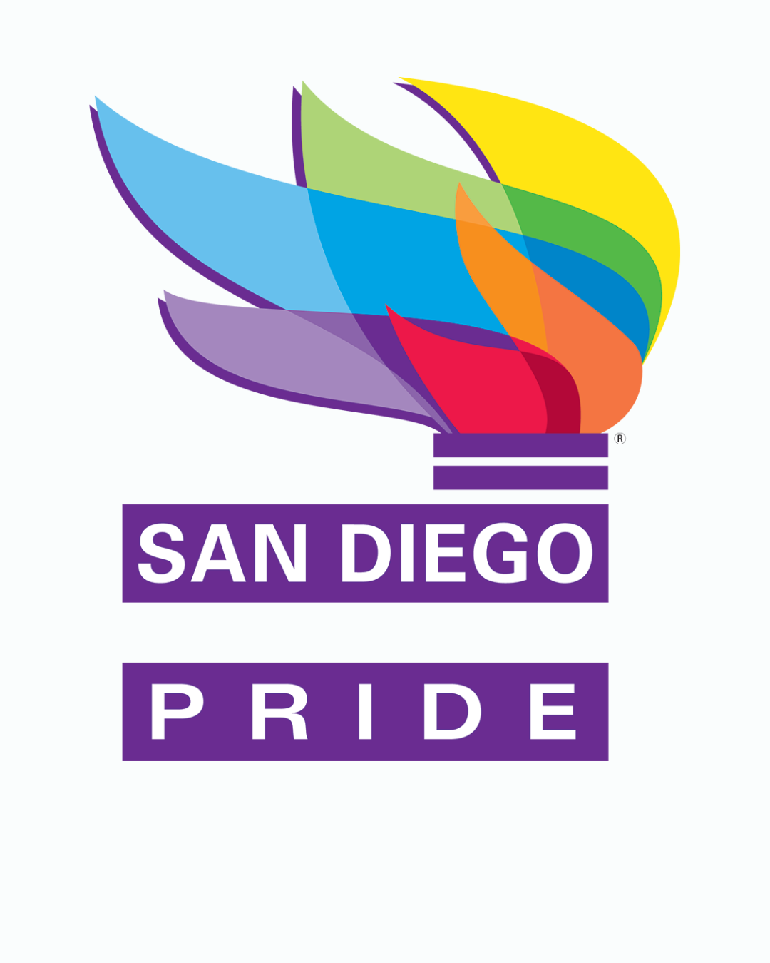 San Diego Pride logo with colorful rainbow flames and purple text