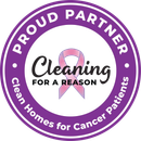 Purple circular logo reading “Proud Partner Cleaning for a Reason” and “Clean Homes for Cancer Patients” with pink ribbon.