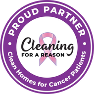 Purple circular logo reading “Proud Partner Cleaning for a Reason” with pink ribbon and “Clean Homes for Cancer Patients”