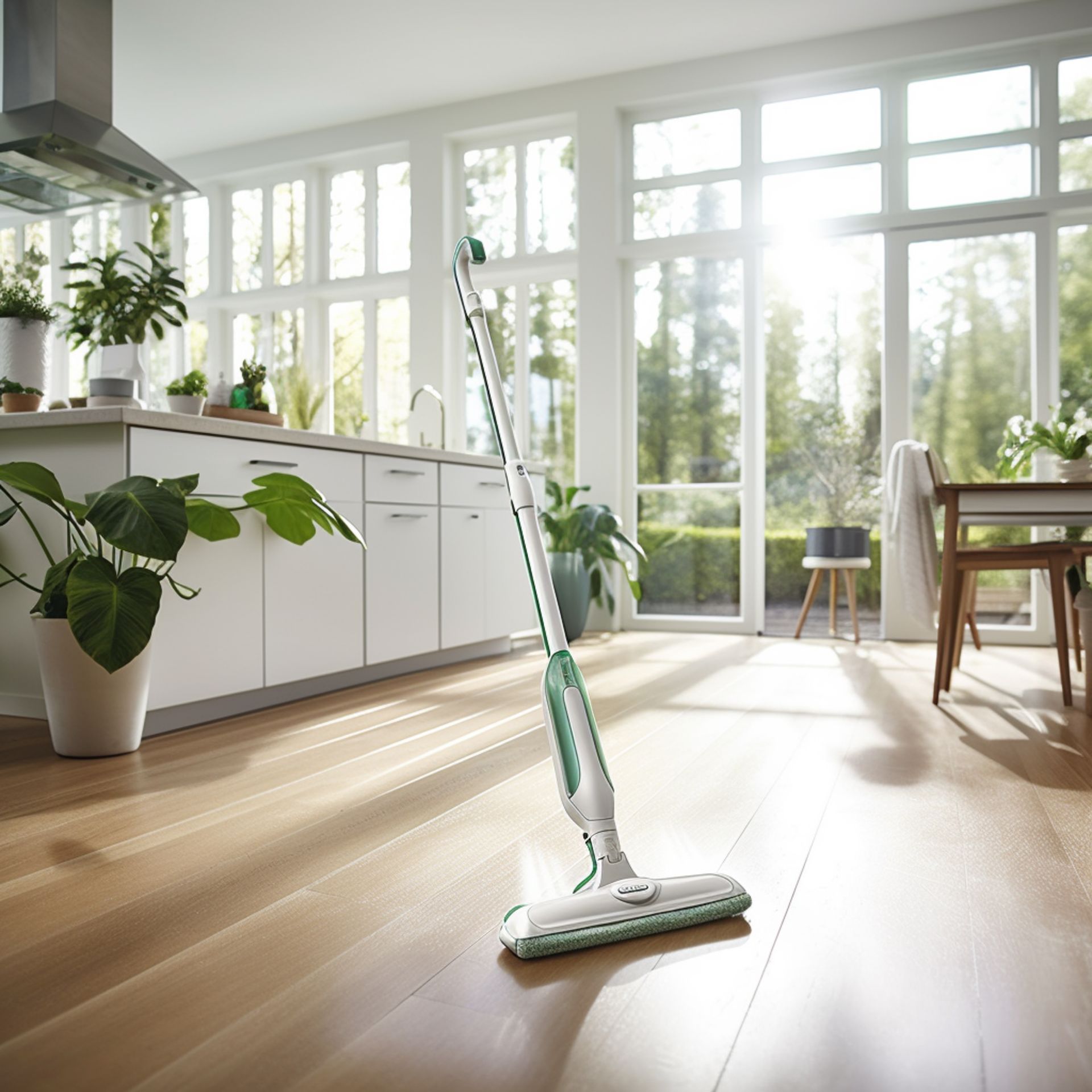 Cordless steam mop on a sunlit hardwood kitchen floor with white cabinets and large windows