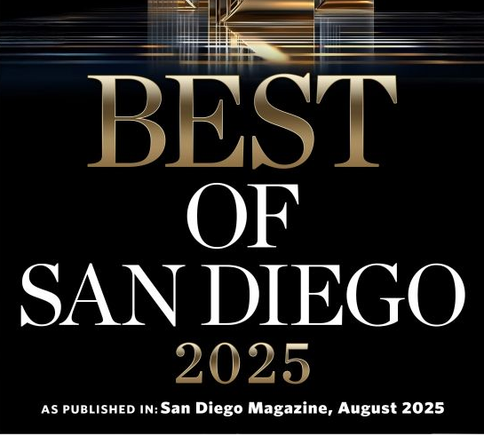 Best of San Diego 2025 magazine cover, black and gold with serif text