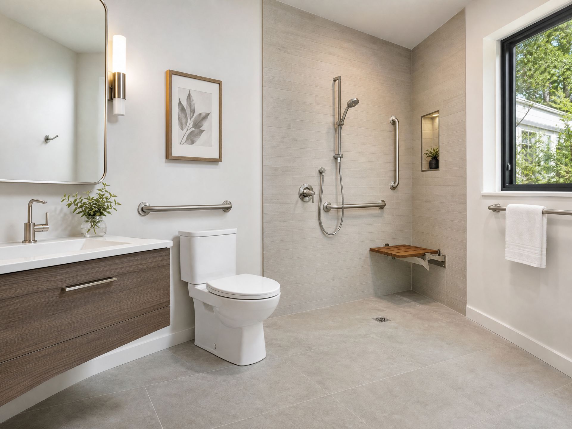 accessible and ada compliant bathroom with detachable shower head and shower seat