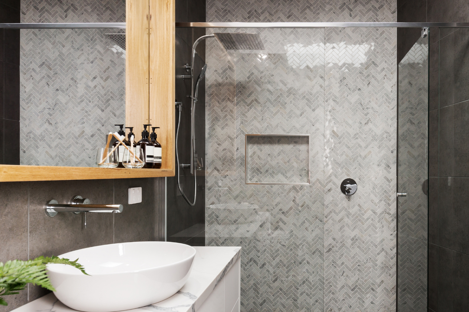 custom teal green tiled shower-modern with clean lines