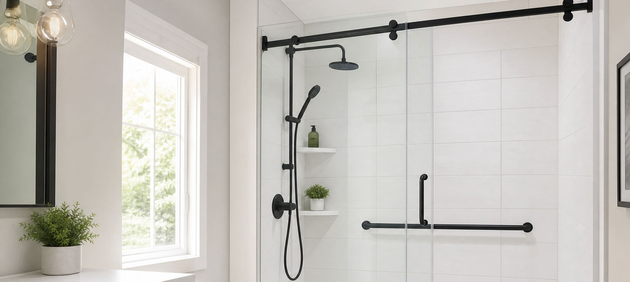 tub to shower conversion bathroom with white shower and detachable black shower head