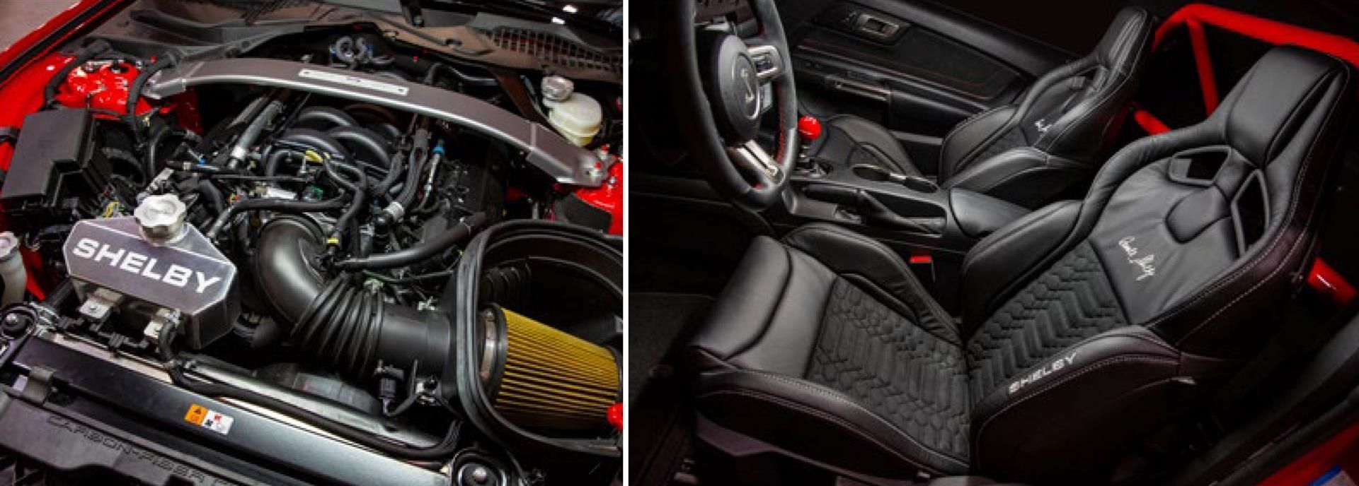 Split view of a black car’s engine bay and a custom black interior with red accents