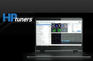 HP Tuners logo beside a laptop displaying vehicle tuning software on a dark background