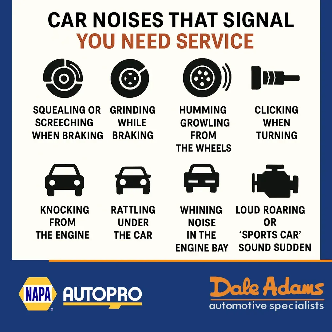 Infographic on car noises that signal service, with icons and labels for braking, engine, wheel, and turning sounds