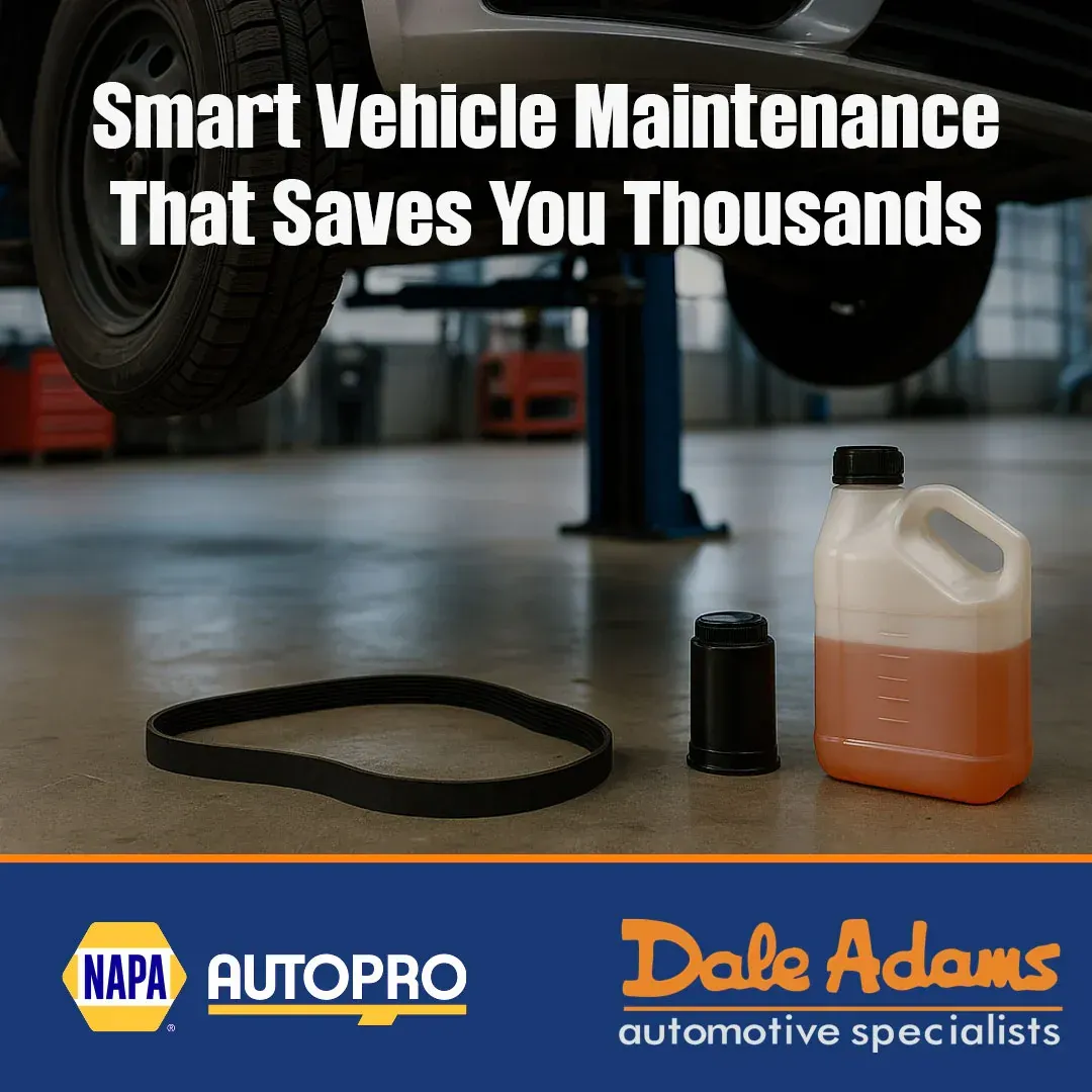 Auto service ad with tire, belt, oil bottle, and text: “Smart Vehicle Maintenance That Saves You Thousands”