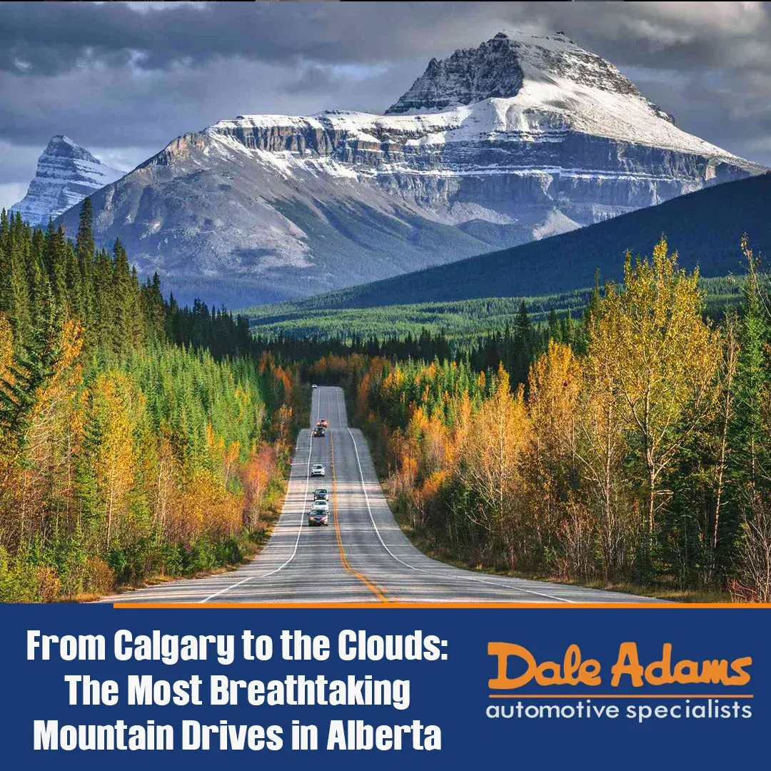 Scenic mountain road through autumn forest below snowcapped peaks; Calgary-to-the-Clouds travel ad.