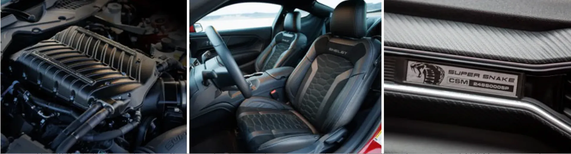 Car collage showing a black engine bay, black leather car seats, and a close-up of a premium dashboard trim.