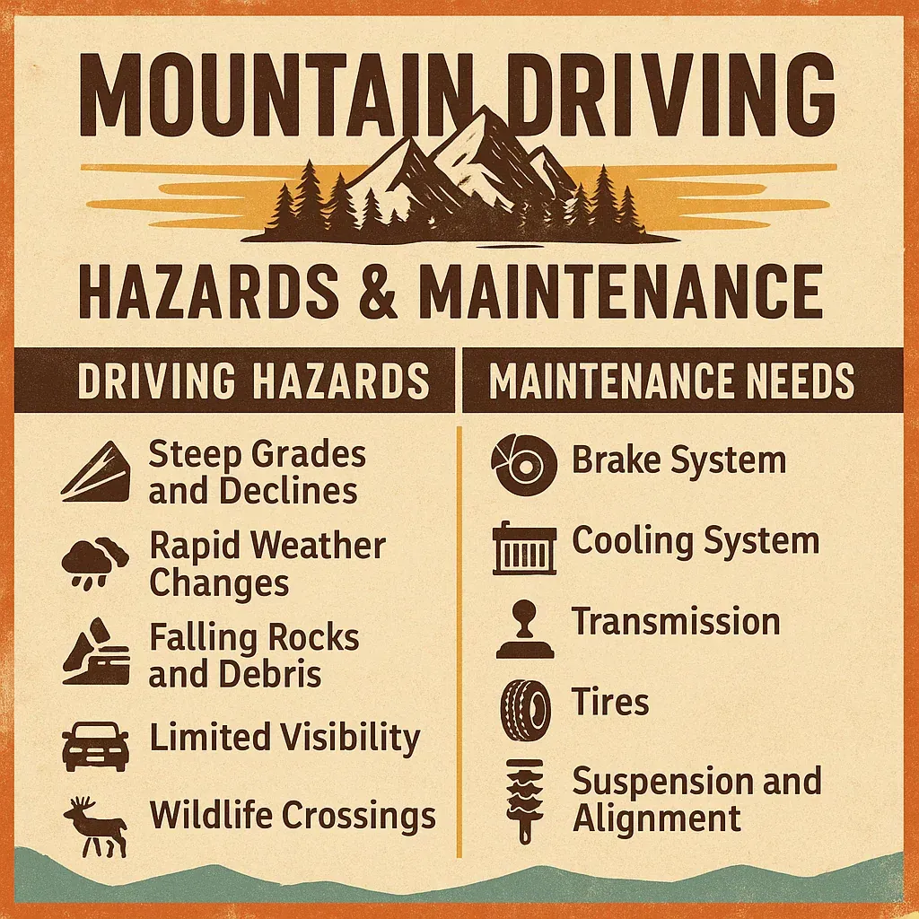 Infographic titled Mountain Driving: hazards and maintenance needs in tan and brown layout.