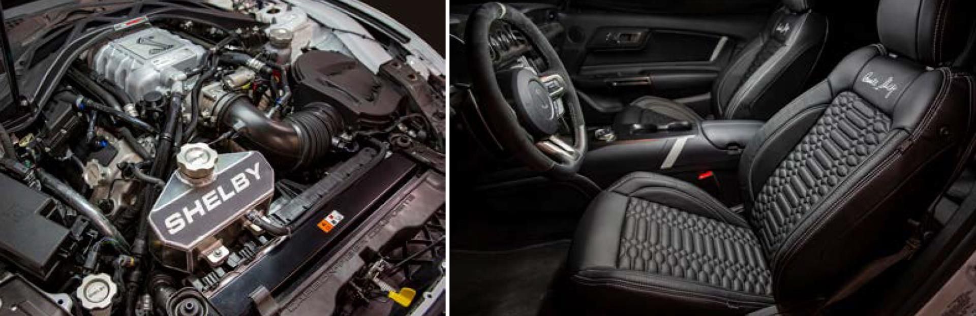 Car engine bay and matching black Shelby-style racing seats in a sporty interior
