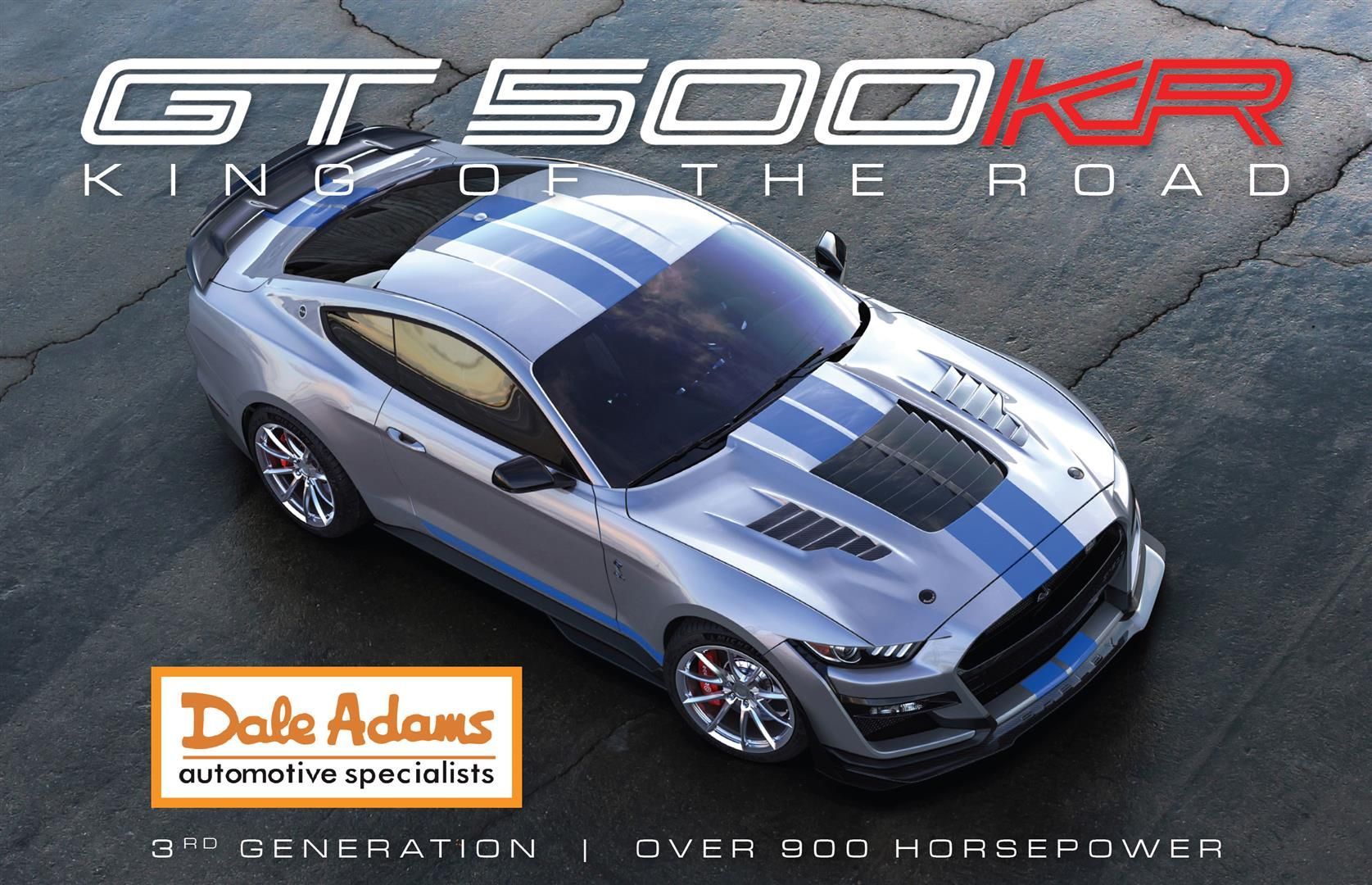 Silver sports car ad with GT500KR lettering and Dale Adams Automotive logo on a gray background