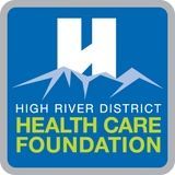 High River District Health Care Foundation logo in blue, white, and green with mountain graphic.