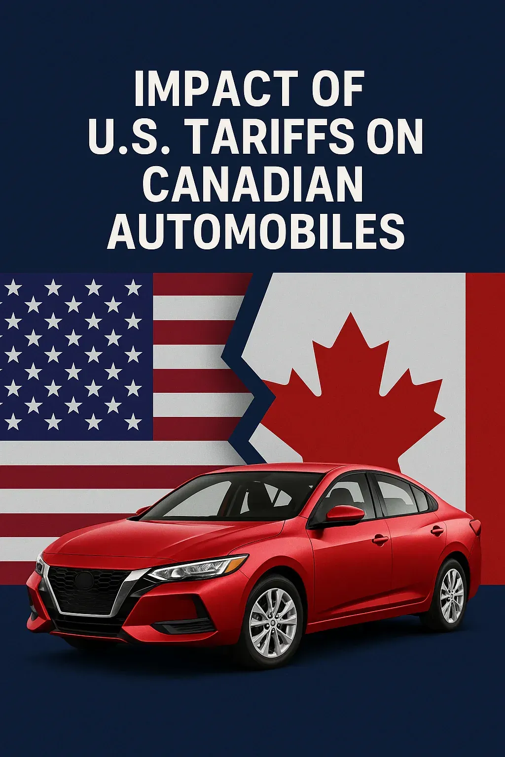 Graphic reading “Impact of U.S. tariffs on Canadian automobiles” with U.S. and Canadian flags and a red car.
