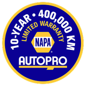 NAPA AutoPro blue-and-gold warranty badge reading “10-YEAR, 400,000 KM LIMITED WARRANTY” | Dale Adams Automotive Specialists