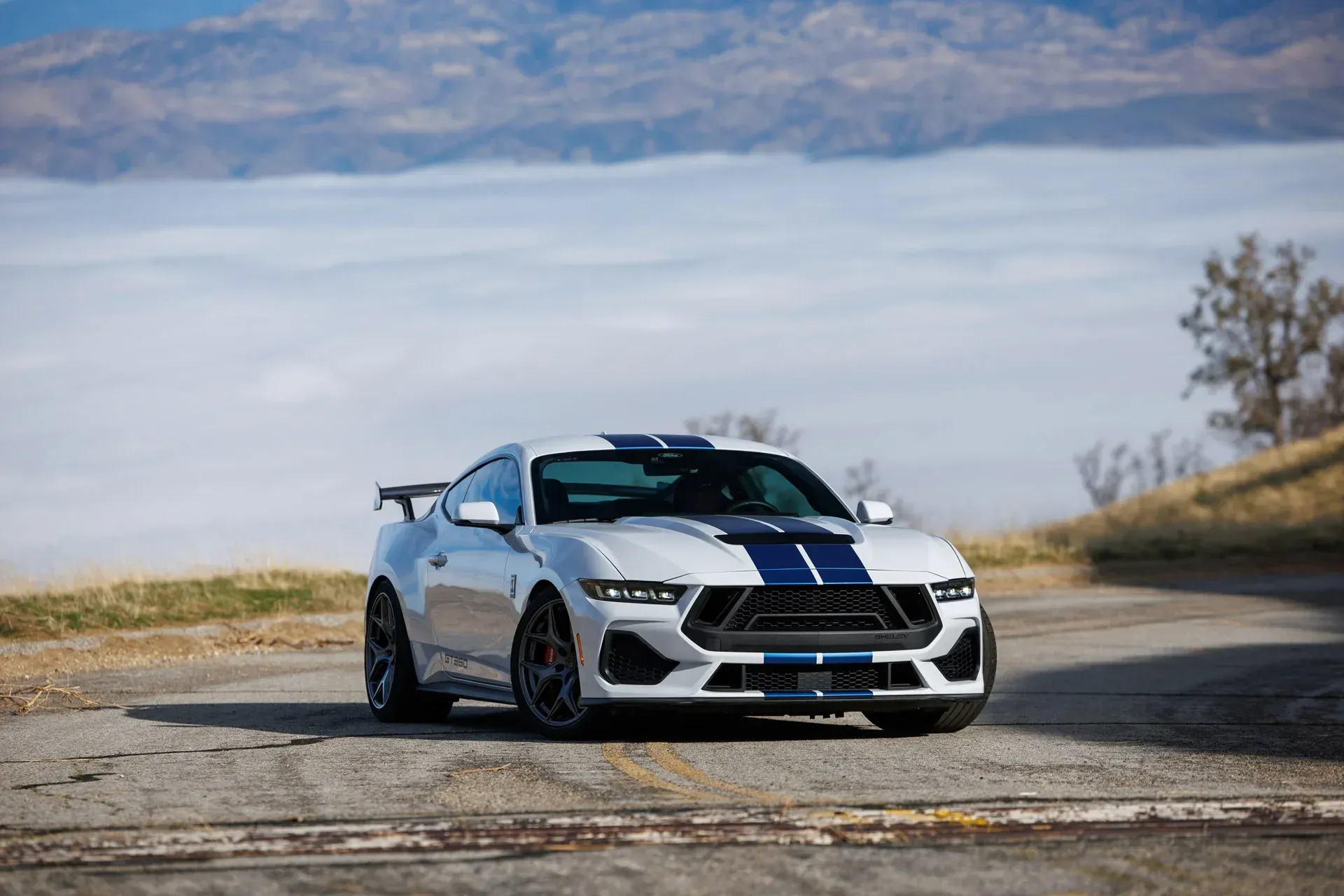 White sports car with blue racing stripes parked on a mountain road