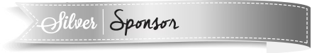 Silver sponsor ribbon banner with cursive text on a gray gradient background