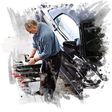 A person wearing a blue shirt works on the side of a black car, rendered in a watercolor style. | Dale Adams Automotive Specialists