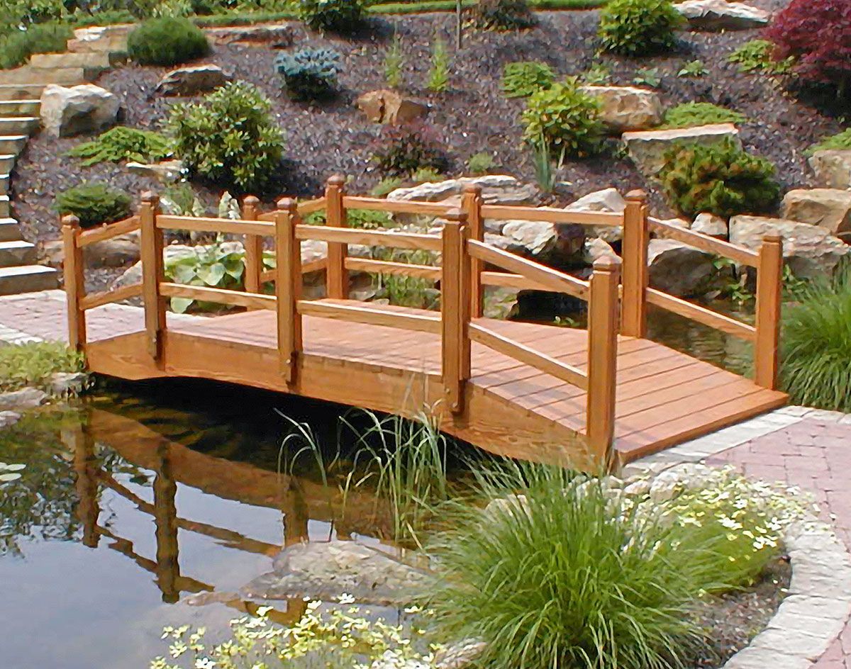 Wooden bridge over a pond in a garden setting, with green plants and rocks.