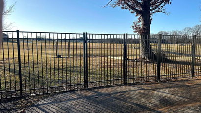 Black metal fence in front of a grassy field, tree in the background, blue sky.