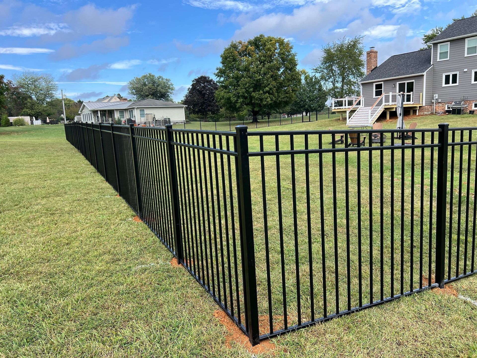 Black metal fence encloses a grassy yard. Houses and trees are in the background under a blue sky.