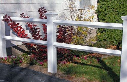 White picket fence bordering a yard with red and green plants.