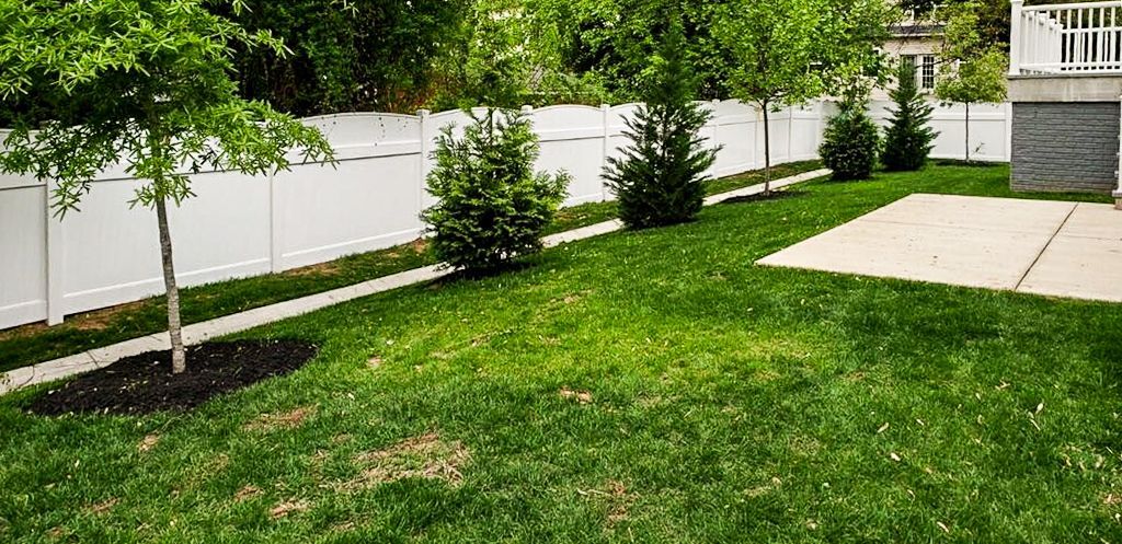 Green backyard with trees, shrubs, white fence, and patio.