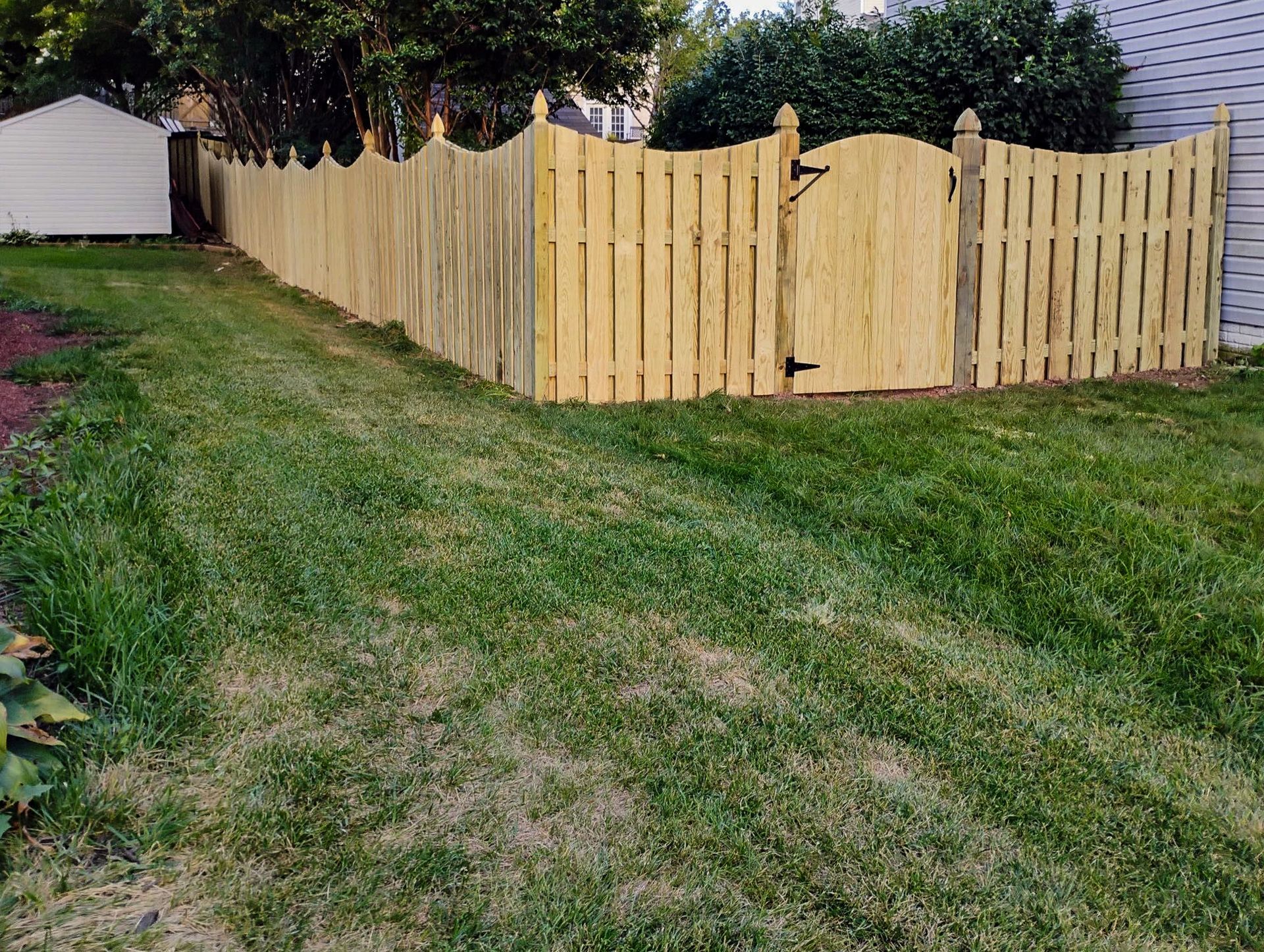 Yellow wooden fence with gate in a grassy yard.