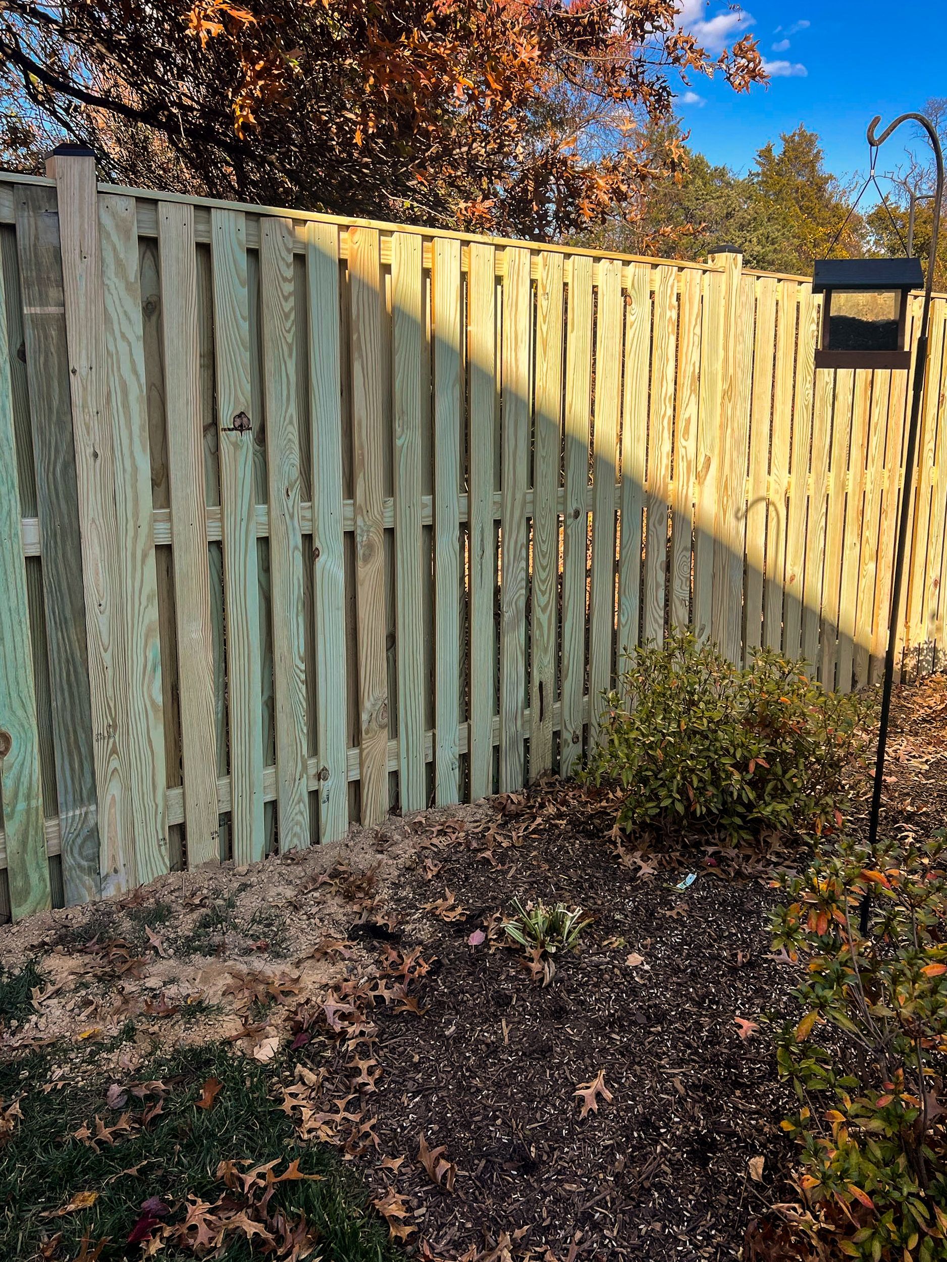 Wooden fence in a garden with a bird feeder, lit by sunlight, in a fall setting.