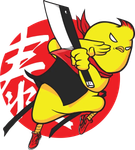 Cartoon yellow dragon mascot running with a large black cleaver on a red circle background
