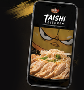 Smartphone mockup showing Taishi Kitchen logo, cartoon face, and a bowl of sliced chicken noodles on a black background