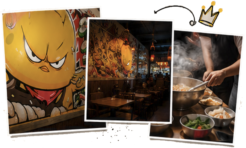 Food collage with a graffiti-lit restaurant, a cartoon mural, and a chef serving hot dishes