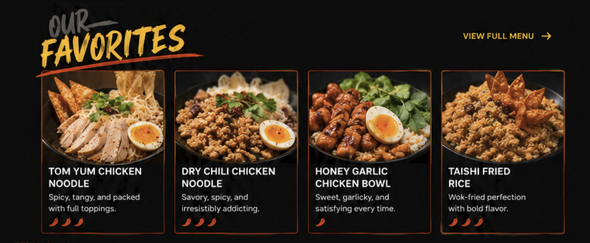 Restaurant specials menu with four rice bowls under “Our Favorites” on a dark background