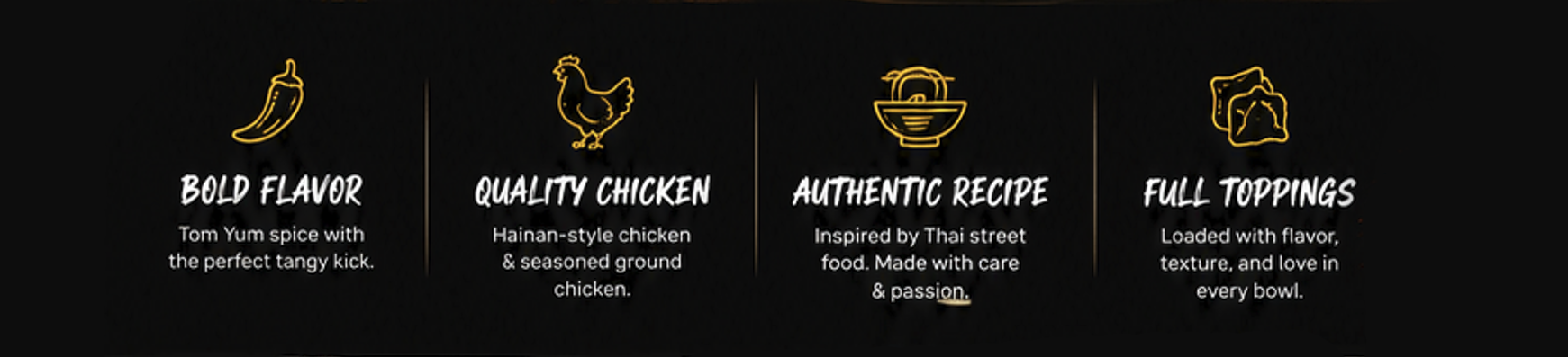 Dark promotional banner with four gold service icons and labels on a black background.