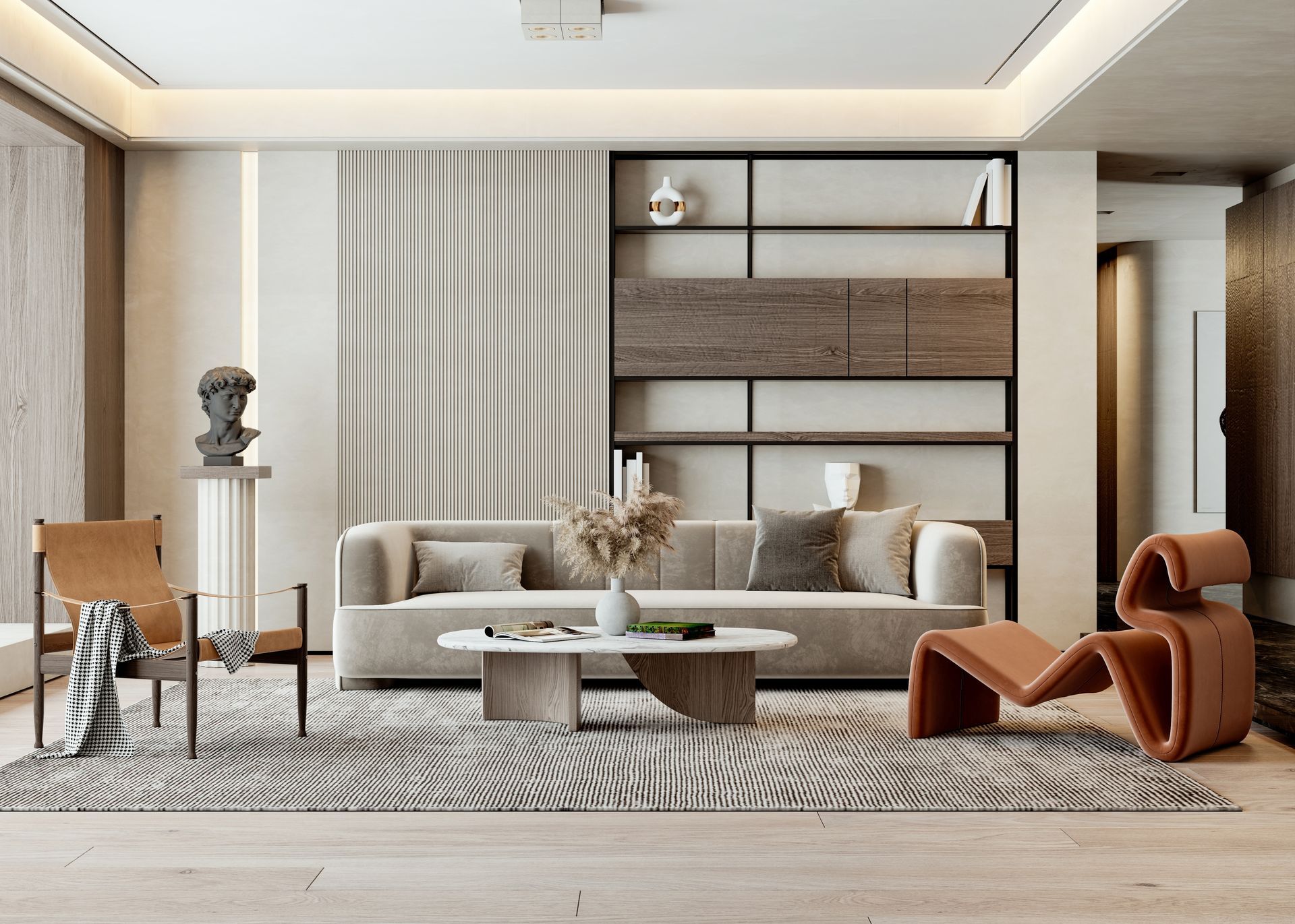 Modern minimalist living room with beige sofa, sculptural chairs, coffee tables, and built-in shelving