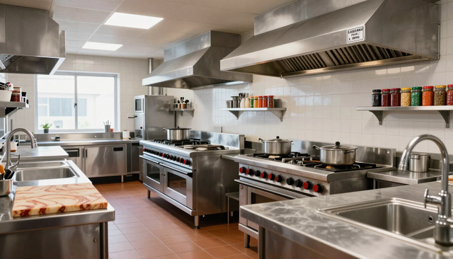 Commercial kitchen with stainless steel counters, stovetop, sinks, and shelves of spices and cookware