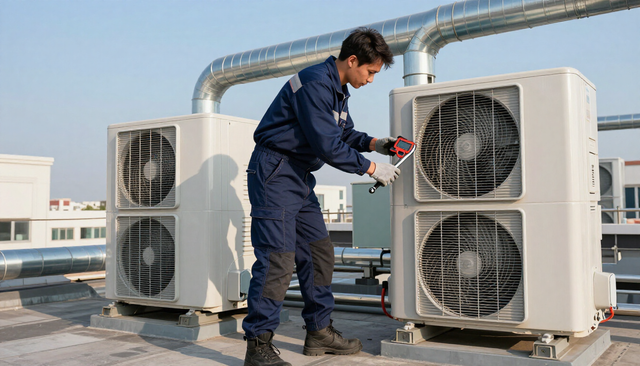Technician servicing rooftop HVAC units with tools on a sunny day