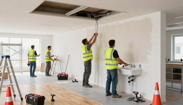 Workers in neon vests painting a room white during interior renovation