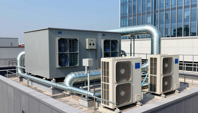 Rooftop HVAC units and ductwork on a commercial building under a clear sky