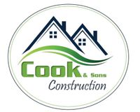 Cook & Sons Construction logo: two blue houses over green wave with white text in a white circle.