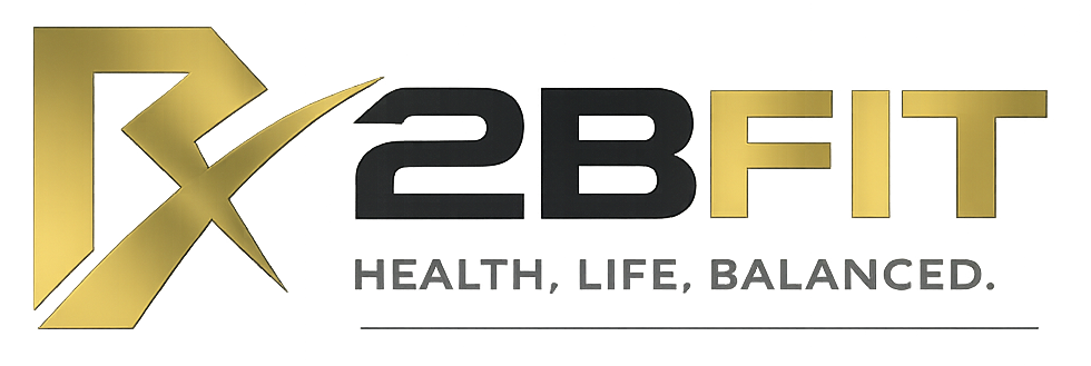 2BFIT logo in gold and black with the slogan “HEALTH, LIFE, BALANCED.”