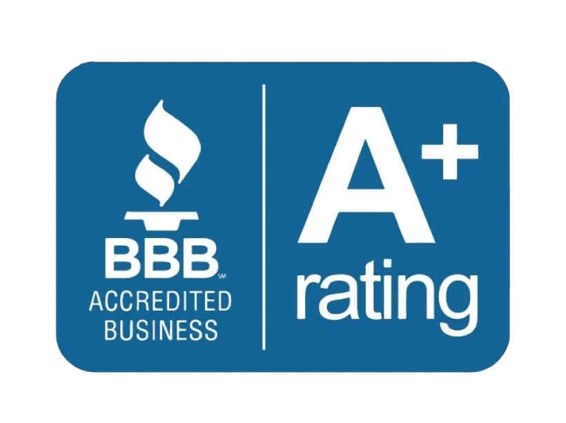 Bbb accredited business a+ rating logo on a blue background