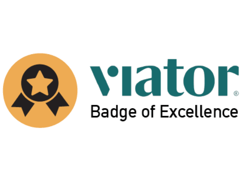 A logo for viator badge of excellence with a star on it