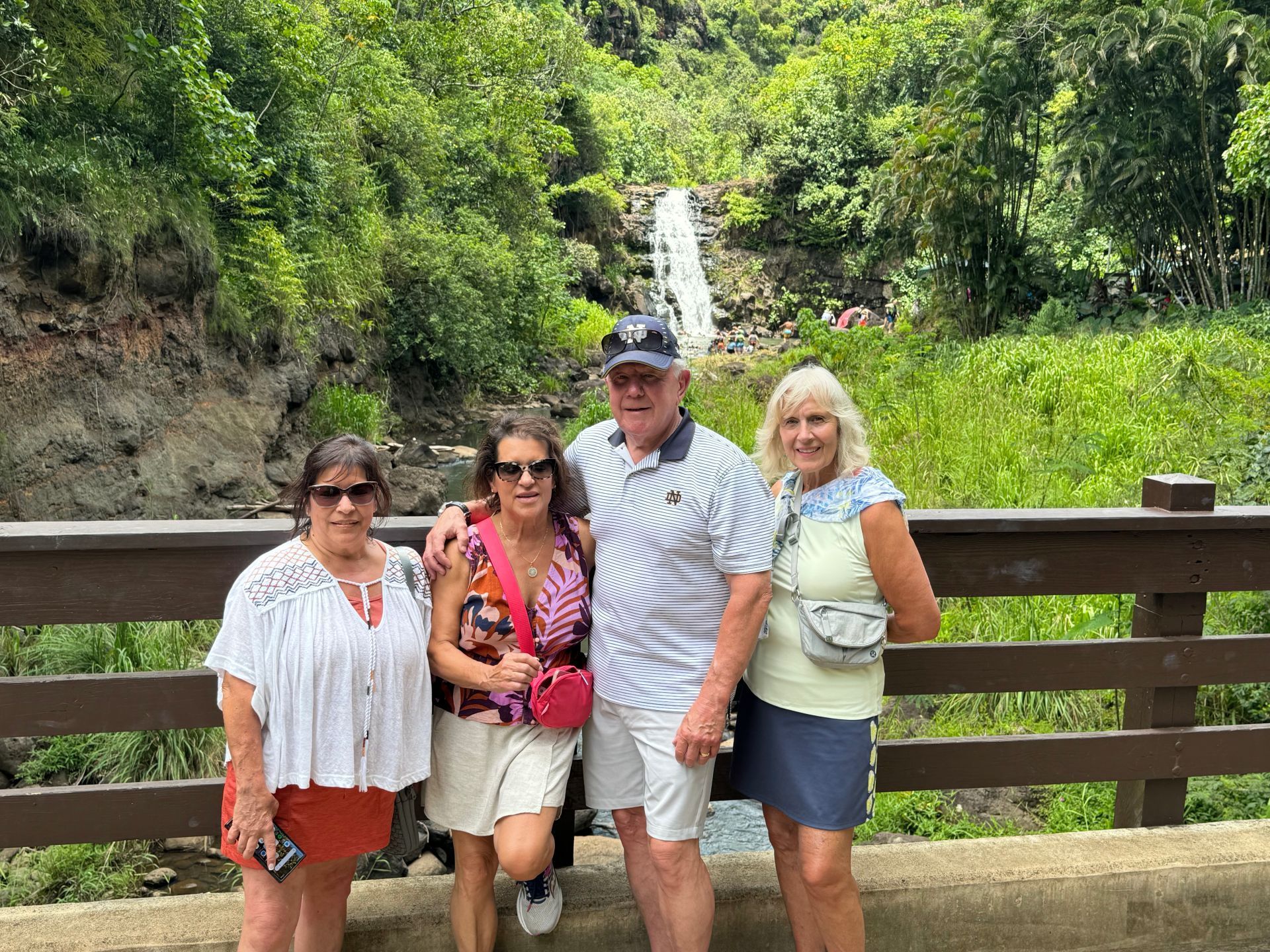 Four people posing by a wooden bridge with a waterfall and lush greenery in the background