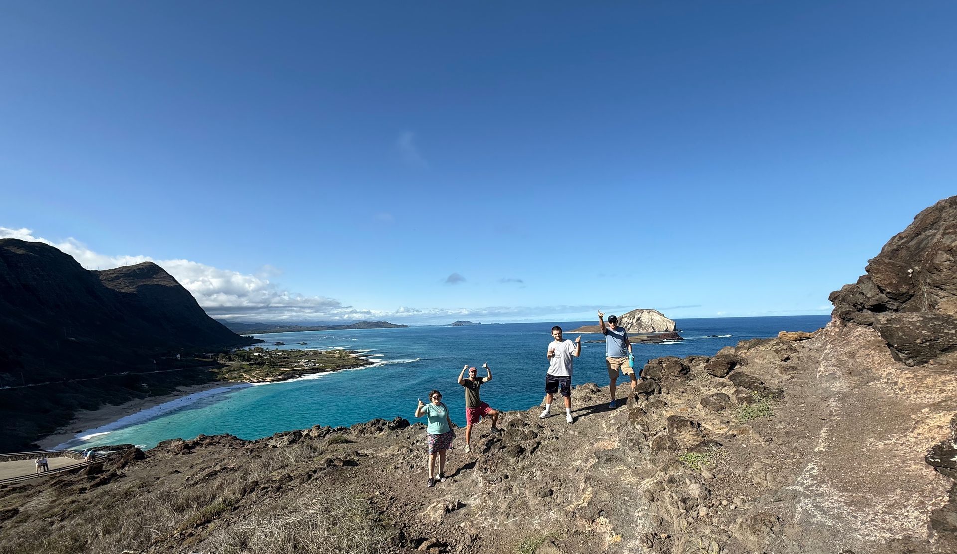 Five people on a cliff overlooking a beach and ocean under a blue sky, raising arms in celebration.