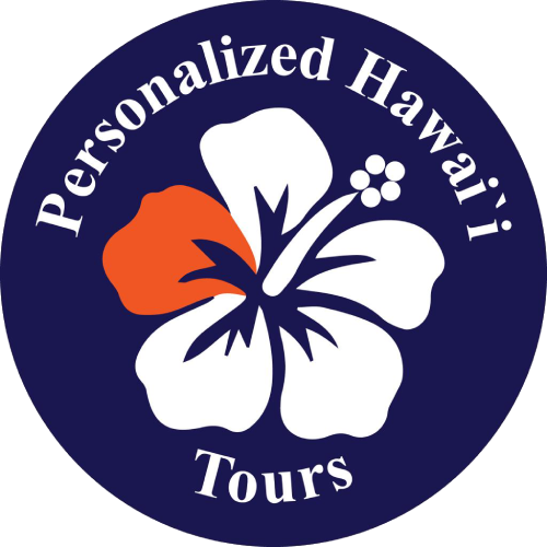 Logo: Navy blue circle with text "Personalized Hawaii Tours," hibiscus flower in white and orange.
