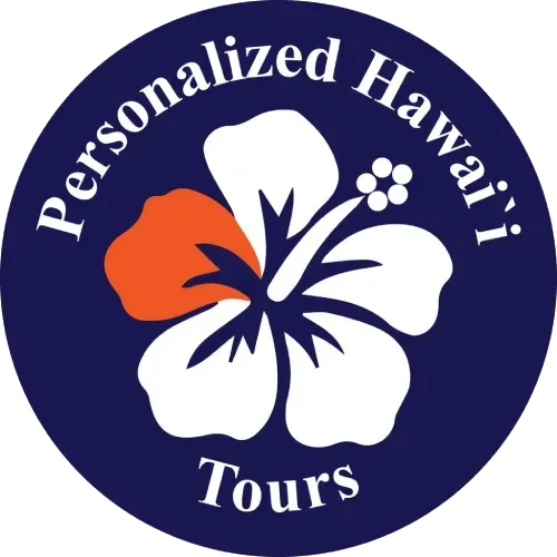 Logo: Navy blue circle with text "Personalized Hawaii Tours," hibiscus flower in white and orange.